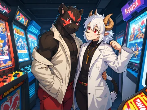 trending on pixiv, (masterpiece), (anime), (male_only) (furry), (couple picture), (2characters: a {black fur panther with red ey...