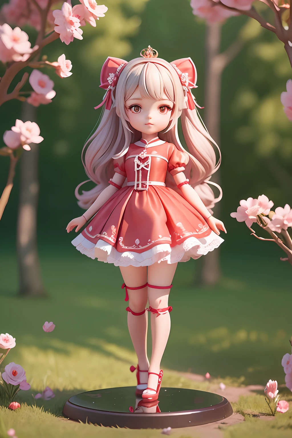 A cute  in a red dress，Like a princess，extremely cute，Detailed rendering with 3D rendering techniques，Stylized representation of digital art。Render a cute 3D anime girl，Stylized presentation，A cute ceramic doll and a super detailed fantasy character appear at the same time，are rendered in stylized 3D renderings。Cute images of forest creatures and digital art will also appear，The background depicts the atmosphere of April。