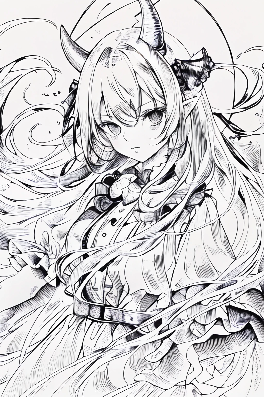 A painting of a girl with long hair and horns, intricate line art, hyper detailed line art, beautiful line art, clean lineart, thick black lineart, detailed line art, extremely fine ink lineart, perfect lineart, linear art, lineart behance hd, intense line art, thick lineart, clean anime outlines, hyper detailed manga drawing