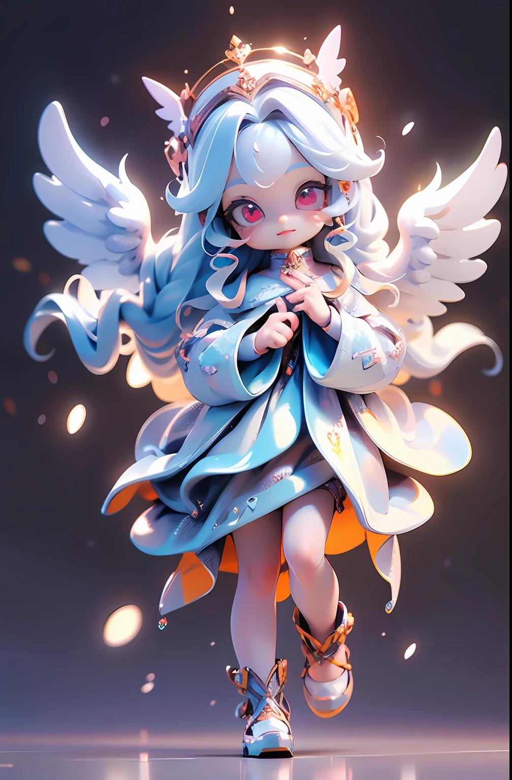 (Masterpiece: 1.4), (Best Quality: 1.4), (Chibi: 1.3), (Very Cute Angel Girl, Super Detailed Face, Jewel-like Eyes, White Very Long Hair, Colorful Gradient Hair: 1.4), (Angel Ring:
1.4), (Angel Wings: 1.4), (Full body, perfect 2 arms, perfect 2 legs: 1.4), Perfect 4 fingers: 1 thumb, light, shine, bokeh, super fine