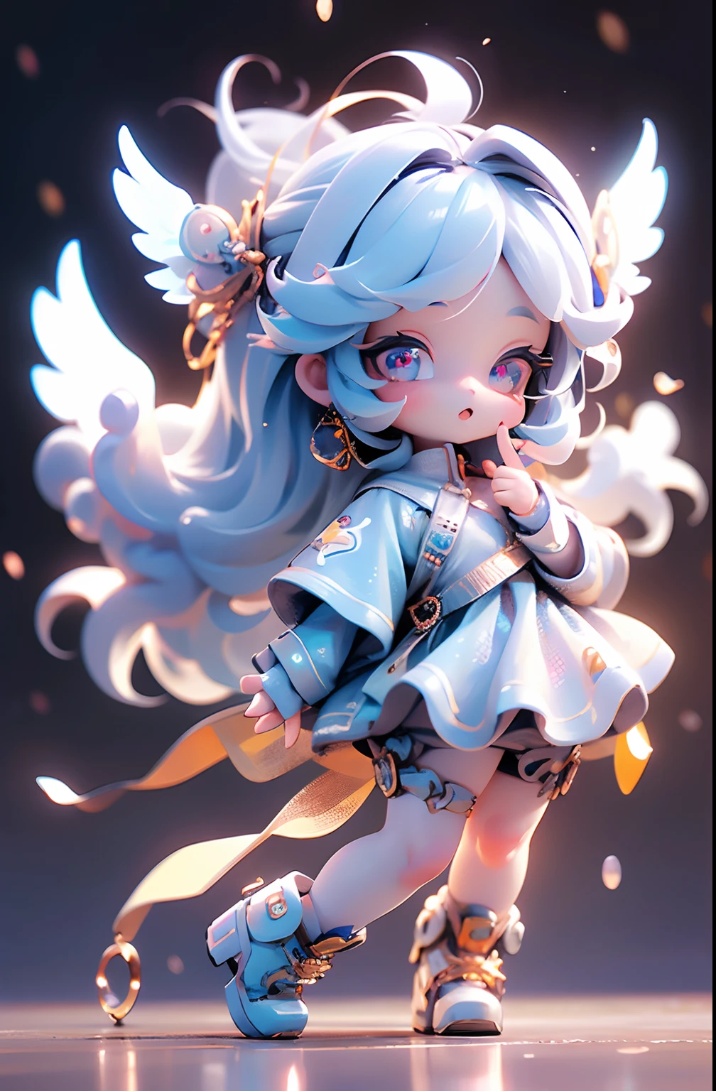 (Masterpiece: 1.4), (Best Quality: 1.4), (Chibi: 1.3), (Very Cute Angel Girl, Super Detailed Face, Jewel-like Eyes, White Very Long Hair, Colorful Gradient Hair: 1.4), (Angel Ring:
1.4), (Angel Wings: 1.4), (Full body, perfect 2 arms, perfect 2 legs: 1.4), Perfect 4 fingers: 1 thumb, light, shine, bokeh, super fine