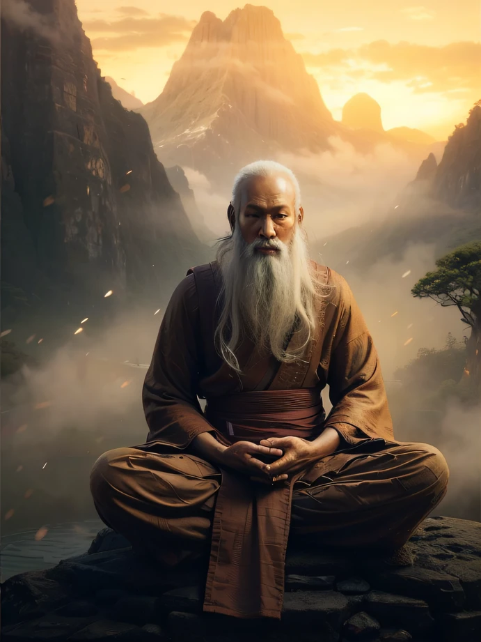 Alphad-Mann, der auf einem Felsen vor einem Berg sitzt, Mönchs-Meditation, Zen-Meditation, Taoistischer Meister, alter japanischer Mönch, Buddhist Mönchs-Meditation, Heiliger Mann, der auf den Boden schaut, Taoist, Daoismus, Zen-Ästhetik, Porträt eines Mönches, Taoismus, kraftvolle Zen-Komposition, meditieren, Chi-Gong, zen méditation cyberpunk