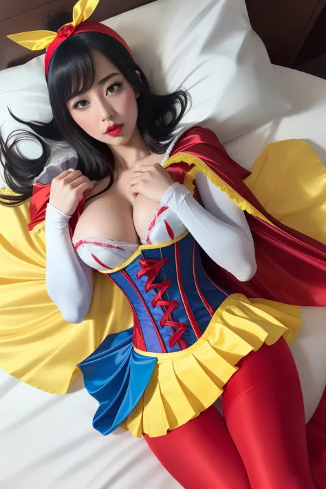 Beautiful Japanese 18 year old woman, wearing snow white cosplay, ((((blue silk corset, red silk cape, yellow silk pleated skater skirt, white leggings, black bob hair, red hairband)))), ((lying on her back)), ((( legs open))), white panties, touching pant...