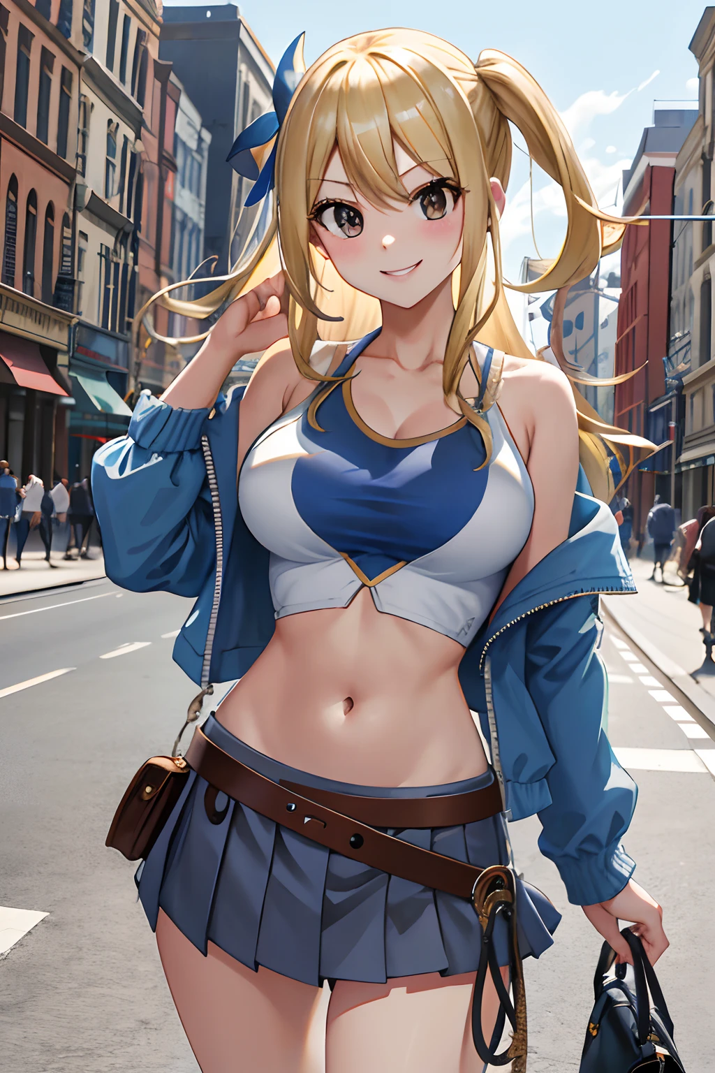 masterpiece, best quality, highres, lucy heartfilia, blonde hair, long hair, large breasts, jacket, crop top, bare shoulder, show stomach, belt, pleated skirt, cowboy shot, standing, looking at viewer, city road, outdoor, modern city road, blush, shy, smile, show teeth, stocking,