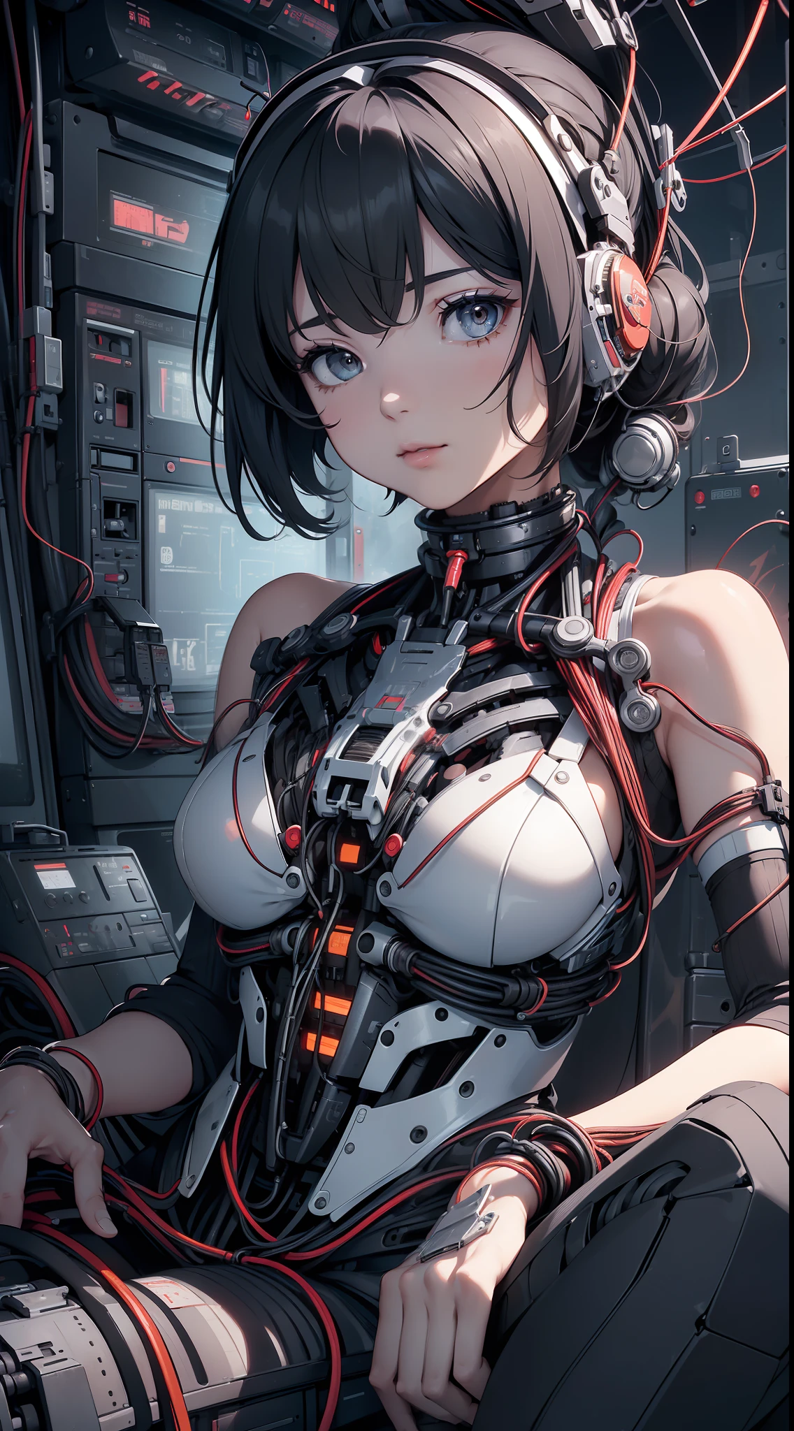 (((Masterpiece))), ((((Best quality)))), (((Ultra-detailed))), (CG illustration), ((Extremely delicate and beautiful)),(Cute and delicate face),Cinematic light,((1 mechanical girl)),Solo,full bodyesbian,(machine made joints:1.4),((Mechanical limb)),(Blood vessel attached to tube),((The mechanical vertebrae are attached to the back)), ((A mechanical cervical vertebrae attached to the neck)),((Seated)),face expressionless,(Wires and cables attached to the head and body:1.5),(Character focus),sci-fy，looks into camera，Black color hair，Black and white style，Blue machinery