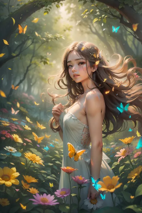 1girl, solo, full body, (masterpiece:1.21), (best quality:1.2), colorful, (illustration:1.2), (cinematic lighting:1.1), (bare shoulders:1.21), (collarbone:1.21) In this whimsical garden of fantasy, The scene is illuminated by a rainbow (colorful fireflies)...