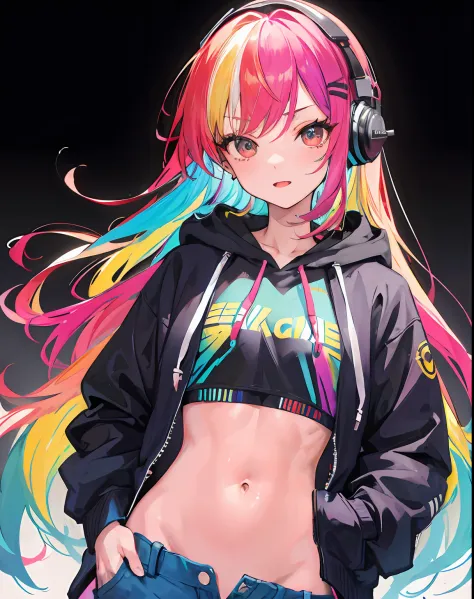 masterpiece, confident lol, squint, hi-res, profoto, rock singer, 1girl, solo, rainbow hair, hoodie, belly button, straight hair, hands in pockets, headphones, long hair,