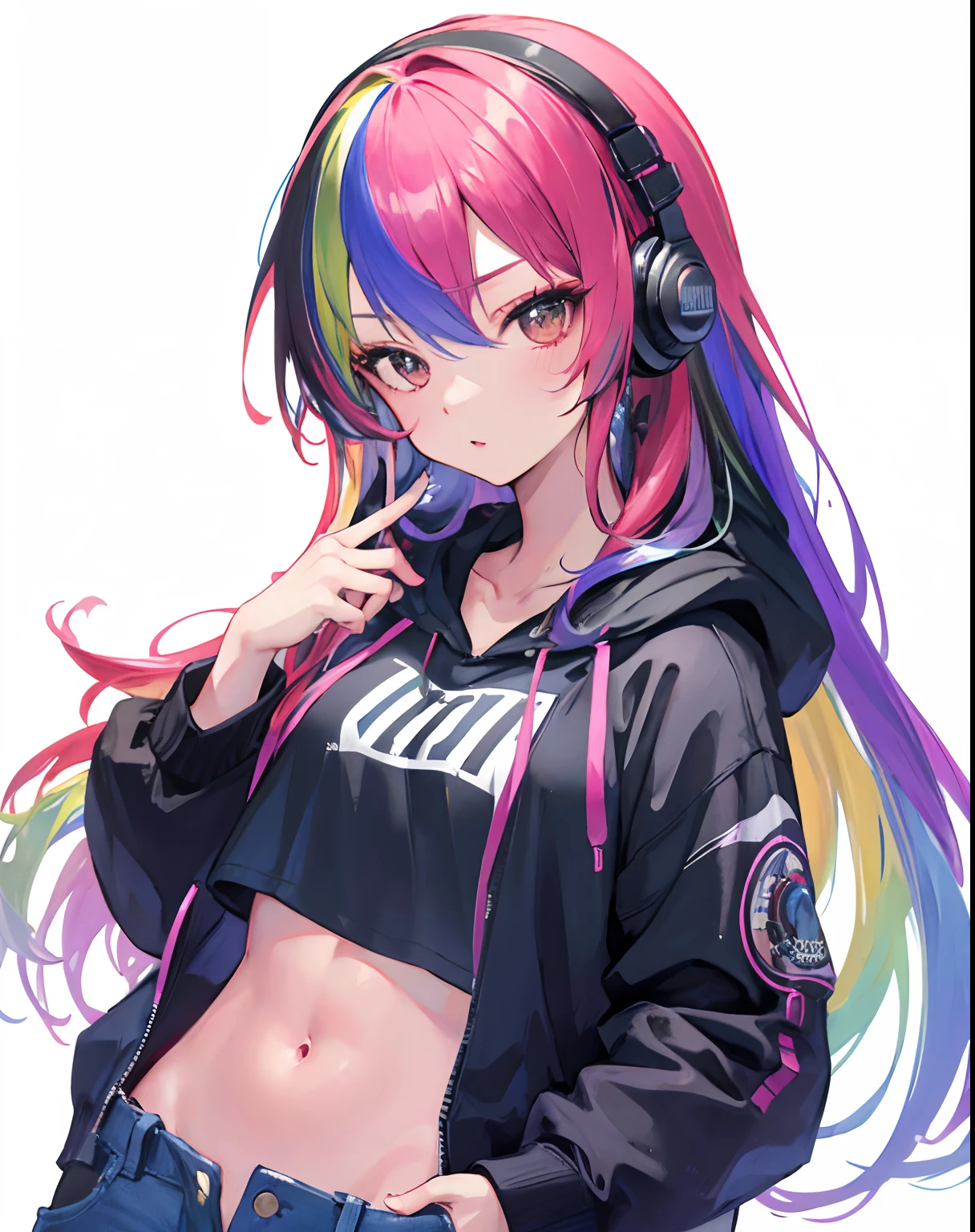 masterpiece, confident lol, squint, hi-res, profoto, rock singer, 1girl, solo, rainbow hair, hoodie, belly button, straight hair, hands in pockets, headphones, long hair,