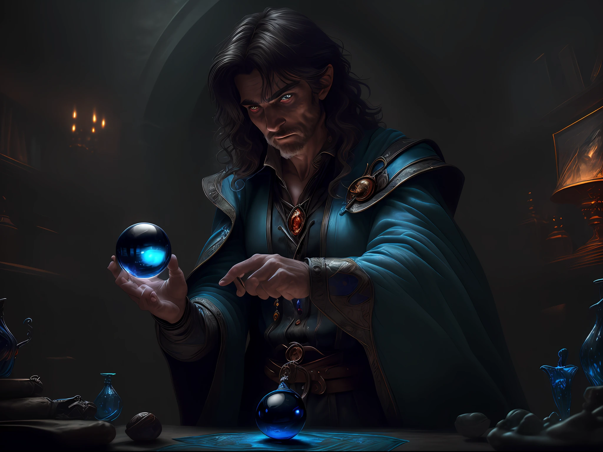 high details, best quality, 8k, [ultra detailed], masterpiece, best quality, (extremely detailed), dynamic angle, ultra wide shot, photorealistic, RAW, fantasy art, dnd art, fantasy art, realistic art, a wide angle view wallpaper of a wizard (intense details, Masterpiece, best quality: 1.5) looking into his crystal ball (intense details, Masterpiece, best quality: 1.5), casting a spell in his magical laboratory, human male wizard, fantasy wizard (intense details, Masterpiece, best quality: 1.5), D&D wizard, young human male (intense details, Masterpiece, best quality: 1.5), [[anatomically correct]], dynamic hair, dynamic eyes, wearing magical robe (intense details, Masterpiece, best quality: 1.5), dynamic colors, ultra detailed face (intense details, Masterpiece, best quality: 1.5), manipulating blue magical energy, in his laboratory (intense details, Masterpiece, best quality: 1.5), many magical tomes, magical library (intense details, Masterpiece, best quality: 1.5),  many magical vials, ultra wide angle from a medium distance,