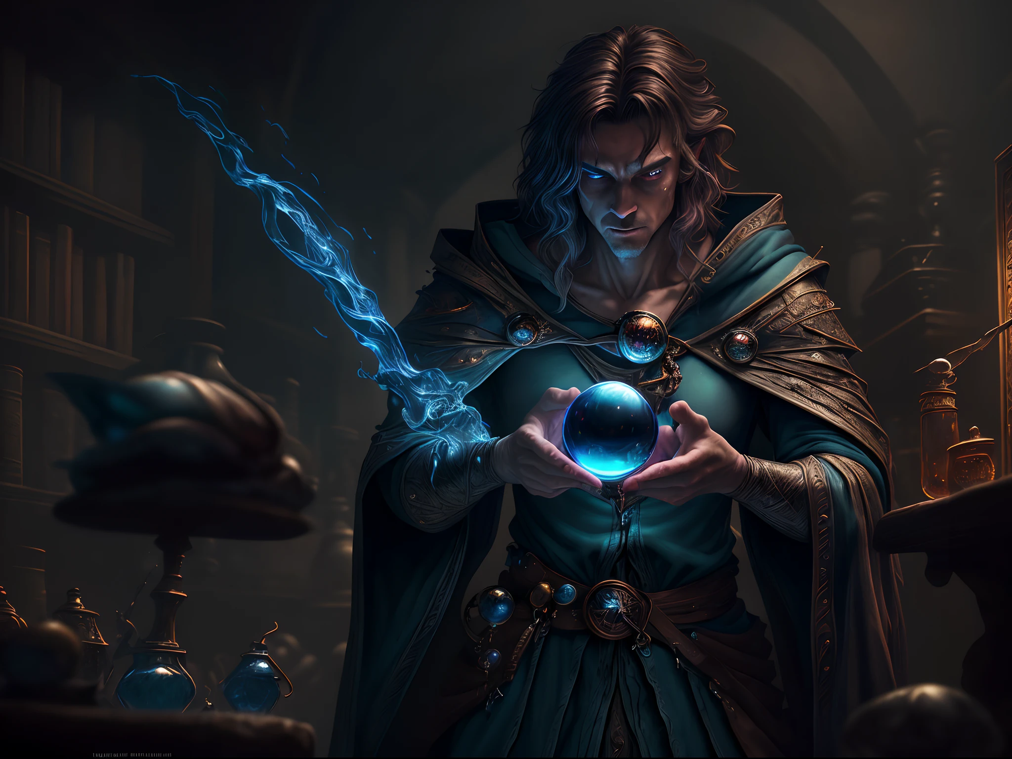 high details, best quality, 8k, [ultra detailed], masterpiece, best quality, (extremely detailed), dynamic angle, ultra wide shot, photorealistic, RAW, fantasy art, dnd art, fantasy art, realistic art, a wide angle view wallpaper of a wizard (intense details, Masterpiece, best quality: 1.5) looking into his crystal ball (intense details, Masterpiece, best quality: 1.5), casting a spell in his magical laboratory, human male wizard, fantasy wizard (intense details, Masterpiece, best quality: 1.5), D&D wizard, young human male (intense details, Masterpiece, best quality: 1.5), [[anatomically correct]], dynamic hair, dynamic eyes, wearing magical robe (intense details, Masterpiece, best quality: 1.5), dynamic colors, ultra detailed face (intense details, Masterpiece, best quality: 1.5), manipulating blue magical energy, in his laboratory (intense details, Masterpiece, best quality: 1.5), many magical tomes, magical library (intense details, Masterpiece, best quality: 1.5),  many magical vials, ultra wide angle from a medium distance,