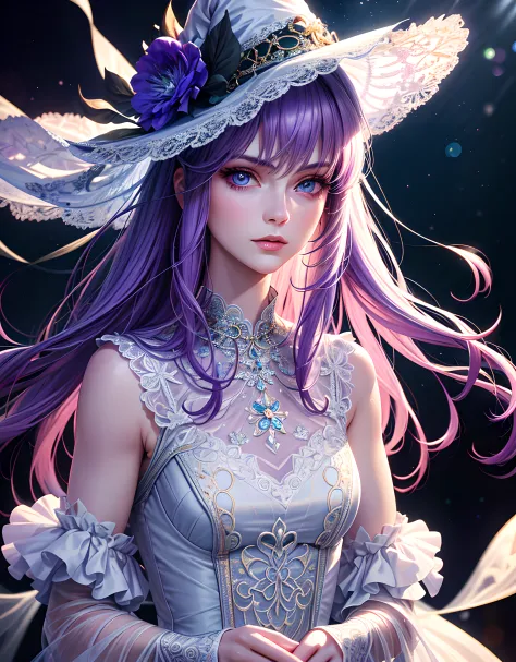 masterpiece, best quality, High quality texture, witch, a realistic representation of the face, semi-realistic, long voluminous detailed light violet hair, blue eyes, (upper body:1.3), light pretty floral bokeh, lace dress, volumetric lighting, runway fash...