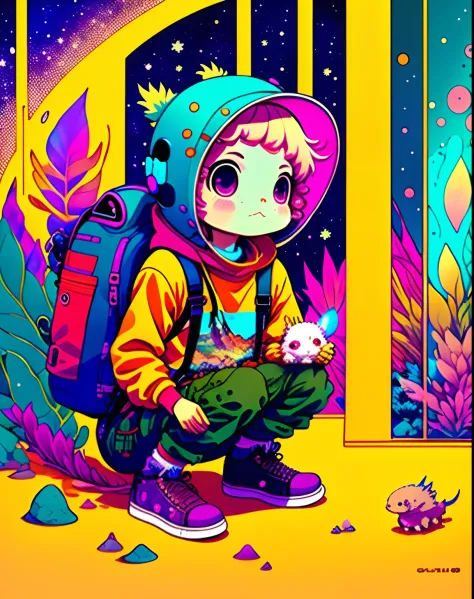 photo of  a explorer with an axolotl as a pet inside the space with a psychedelic backgroun, style of laurie greasley, studio gh...