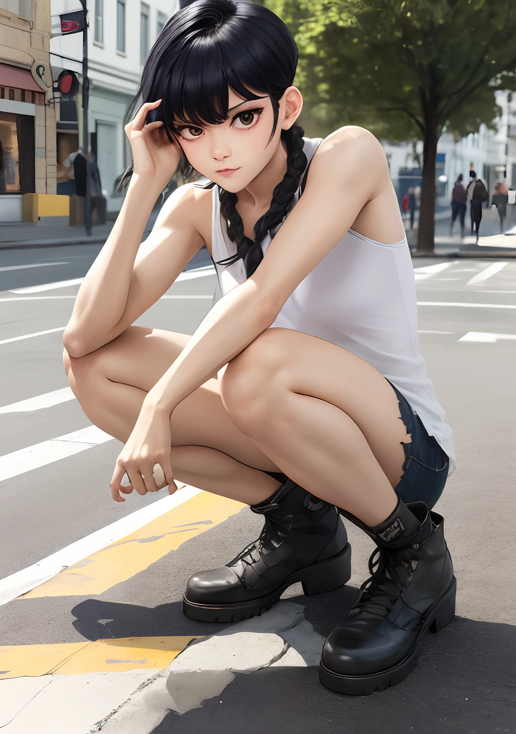 Anime girl in white tank top and black shorts crouching down on the street  - SeaArt AI