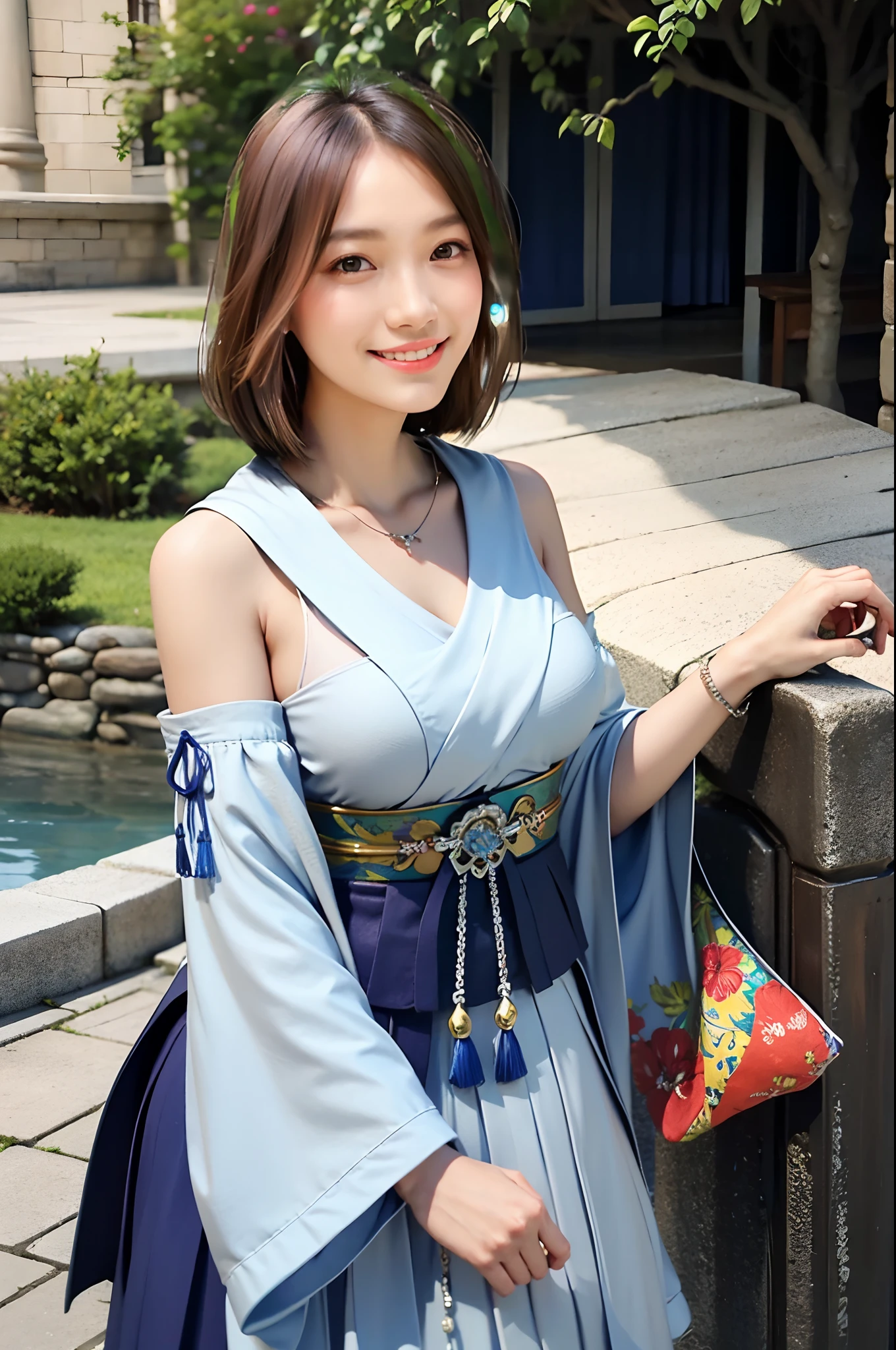 1 Girl, Solo, Jewelry, Detached Sleeve, Necklace, Blue Beaded Earrings, Hakama Skirt Yunafx, Ultra high resolution, photorealistic, highly detailed, detailed face, cute woman in solo, castle balcony, medium-breasted, (masterpiece, high quality), watch the viewer, gorgeous goddess, bob cut, shiny skin, attractive, charming, dreamy, royal cloak, ((thick bangs)),