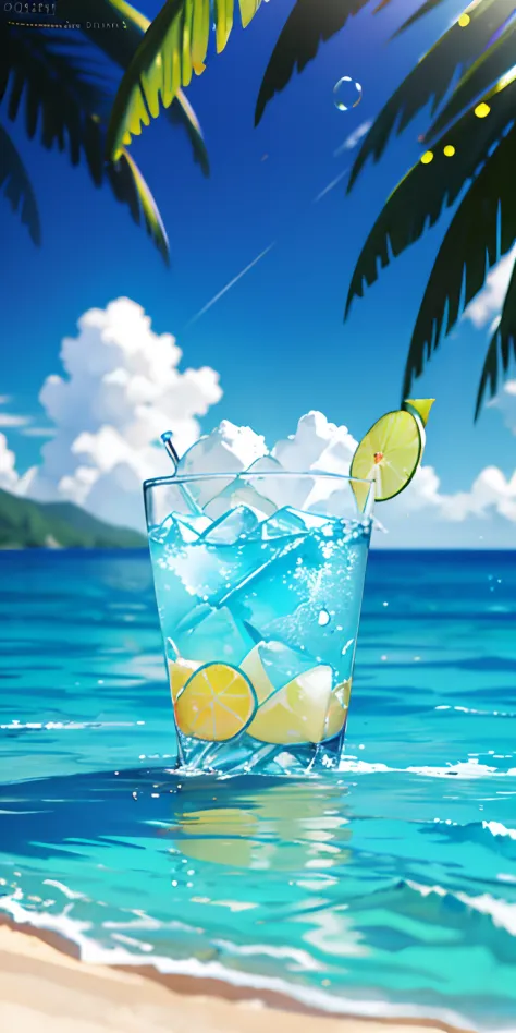 Using the right hand, macro photography depicts picnic scenes themed around a tropical beach holiday in summer. The protagonist of this photo is a cool glass filled with iced carbonated drinks. The lens focuses on glasses, fruit, dazzling midday sun, fishe...