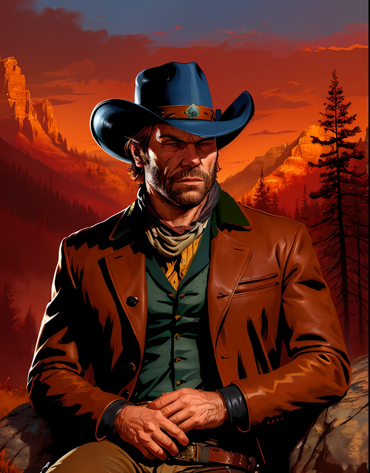 R3DD34Dstyle, digital portrait, arthur morgan, laying on rocks in the high ground in mountains, very sad, cowboy hat, brown jacket, blue shirt, dark sky, early sunset, forest in the distance