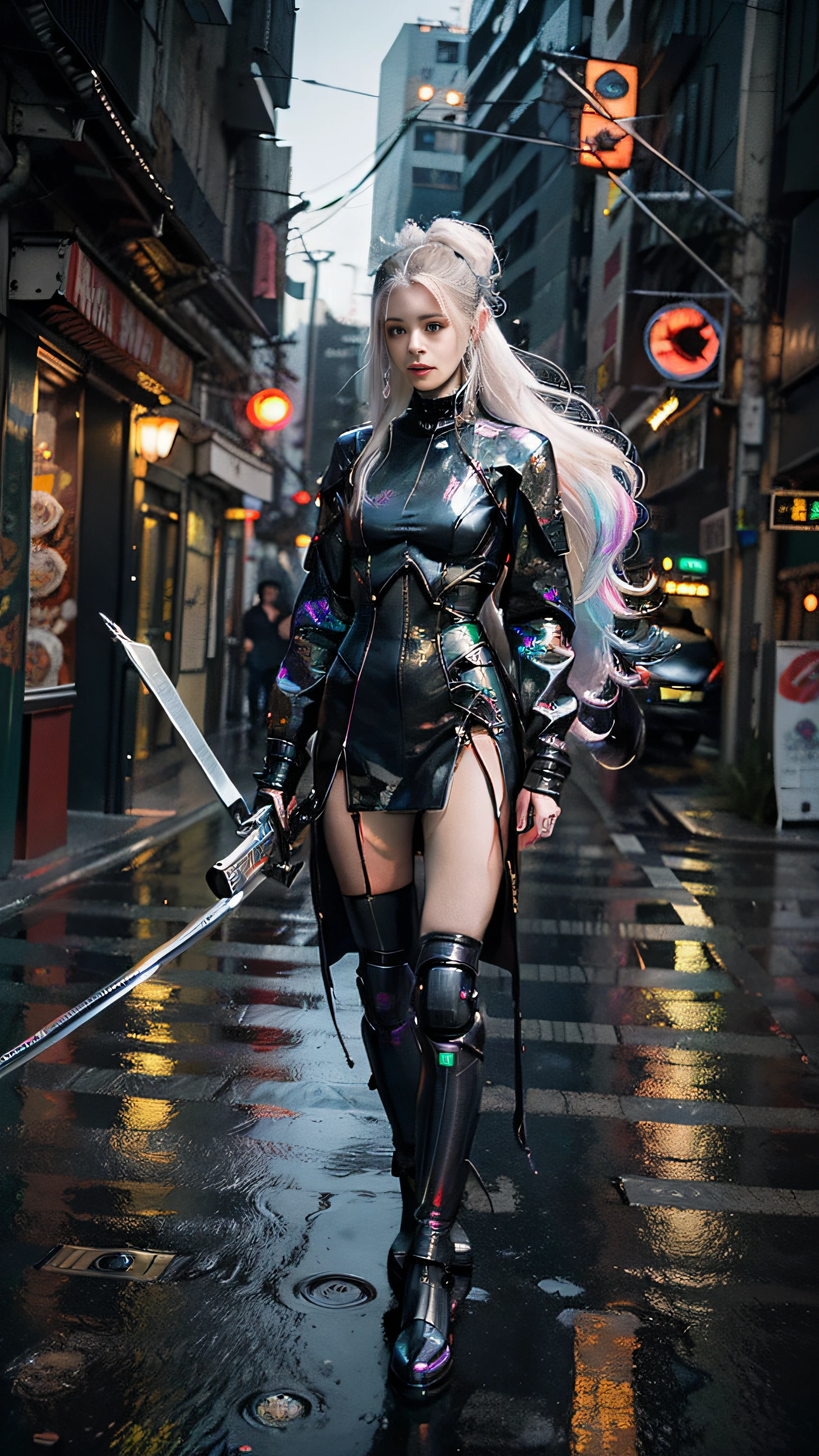 best quality,ultra-detailed,photorealistic,robotic, 1girl,young swordswoman,slim body, holding a glowing katana,futuristic cyberpunk night city , outfit blending futuristic technology, cyberpunk city guard, katana behind his back, long hair, white hair,,(guardian of the city:1.2), gacha splash,(harsh urban environment:1.3),(determination and bravery:1.2),masterpiece,cyberpunk style with Chinese influenceg, headband, car crash, night, rain, puddles, cyberpunk lights, , extreme detailed,,, (long hair:1.3),(iridescence holographic Clothing:1.1)