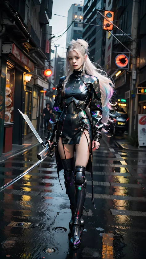 best quality,ultra-detailed,photorealistic,robotic, 1girl,young swordswoman,slim body, holding a glowing katana,futuristic cyber...