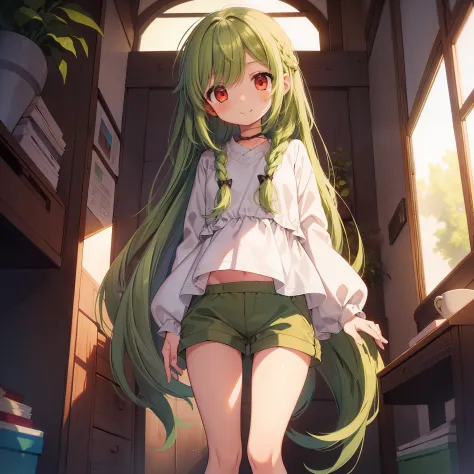 beautiful illustration, best quality, 12-year-old girl、(cute petit girl),lori、((long tunic layered in green chino shorts))、((low...