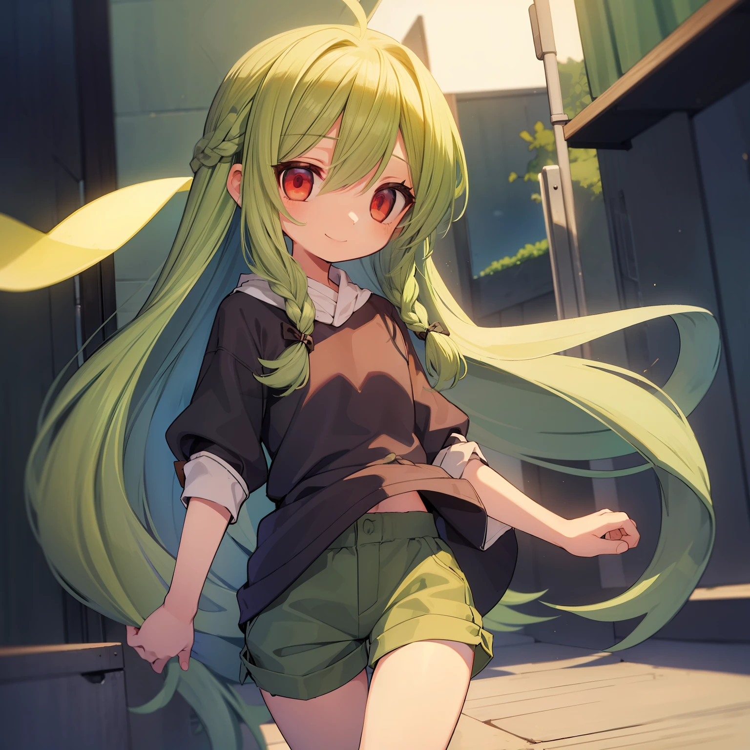 Beautiful illustration, Best Quality, 12-year-old girl、(cute petit girl),Lori、((Long tunic layered in green chino shorts))、((low rise short pants))、(Chino shorts hem and thigh gap)、Thighs visible from the hem of shorts、Thigh gap、 Beautiful red eyes, Cinematic lighting,Euphoric smile、(long green hair)、Braiding of the occipital part、Occipital１2 large black ribbons