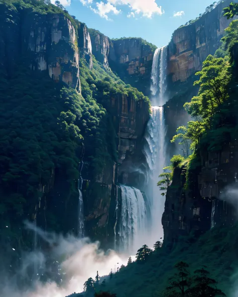 A digital art illustration of Angel Falls waterfall by Greg Rutkowski best quality, masterpiece, trending on artstation, highly artistic, intricate details, Summer, gorgeous large clouds, blue sky, hot weather, HD detail, hyper-detail, cinematic, soft ligh...