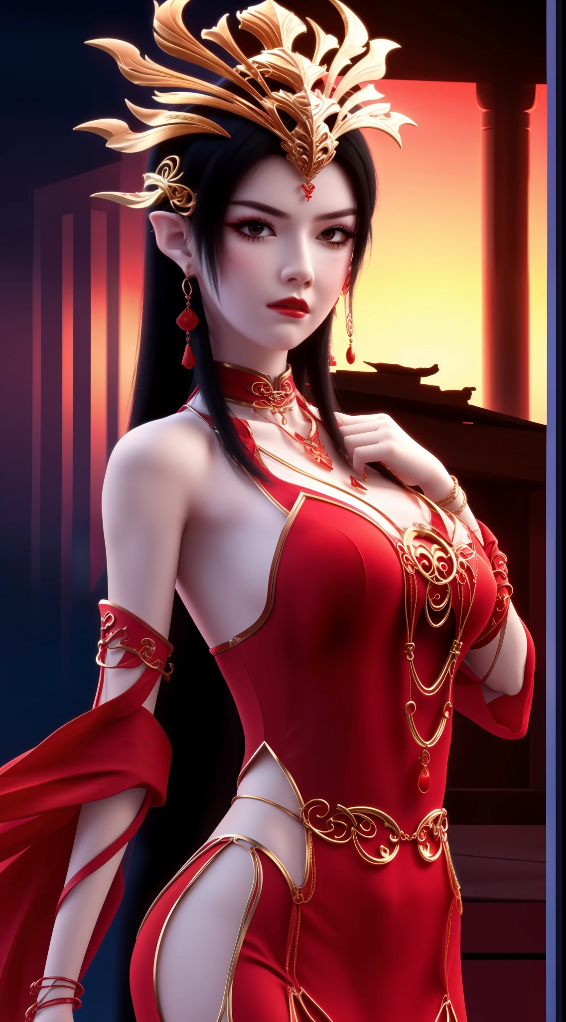 one-girl，（Wears a red full-body cheongsam:1.6），（Phoenix Guanxia:1.6），Chinese elements，4K，