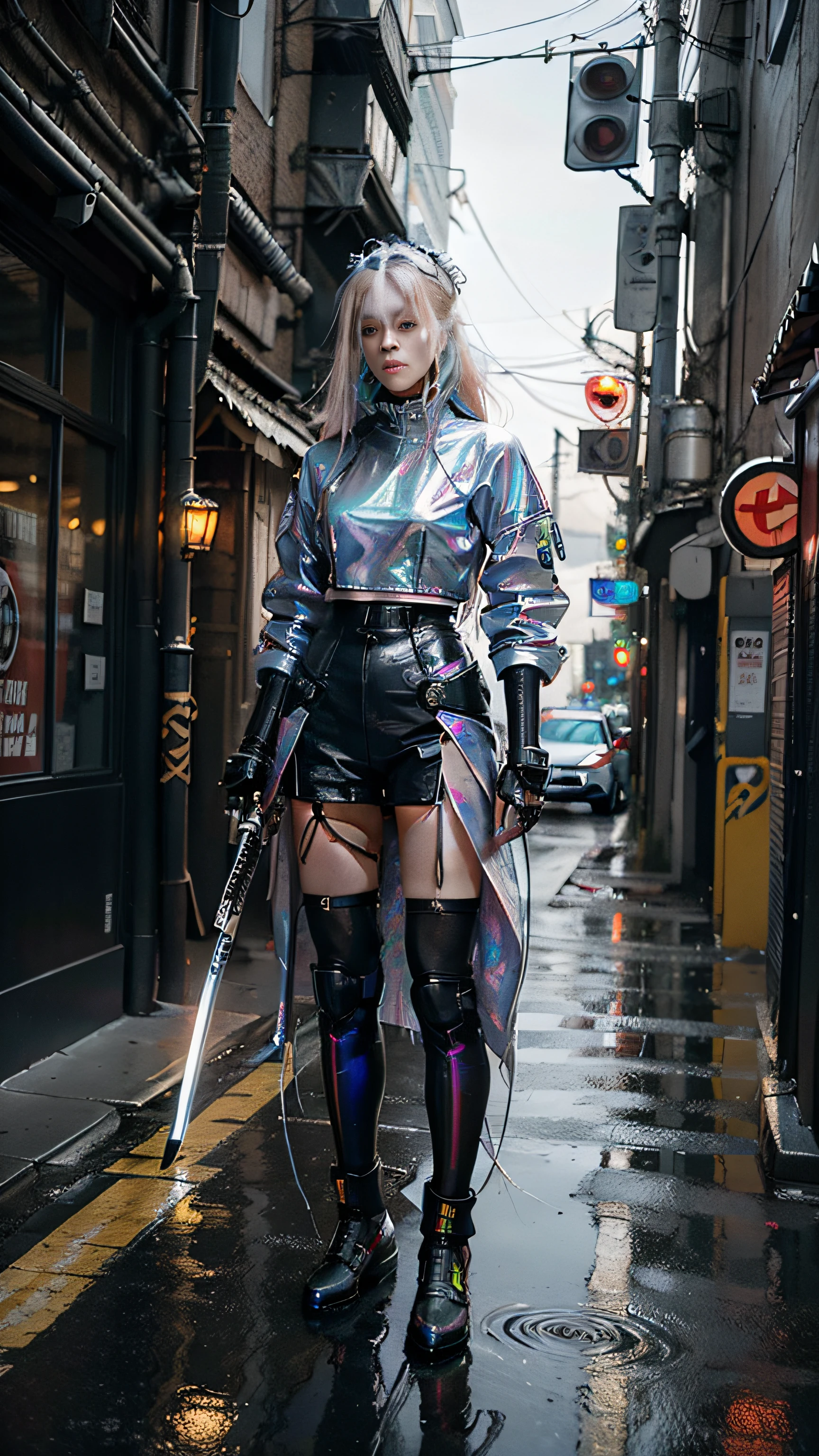 best quality,ultra-detailed,photorealistic,robotic, 1girl,young swordswoman,slim body, holding a glowing katana,futuristic cyberpunk night city , outfit blending futuristic technology, cyberpunk city guard, katana behind his back, long hair, white hair,,(guardian of the city:1.2), gacha splash,(harsh urban environment:1.3),(determination and bravery:1.2),masterpiece,cyberpunk style with Chinese influenceg, headband, car crash, night, rain, puddles, cyberpunk lights, , extreme detailed,,, (long hair:1.3),(iridescence holographic Clothing:1.1)