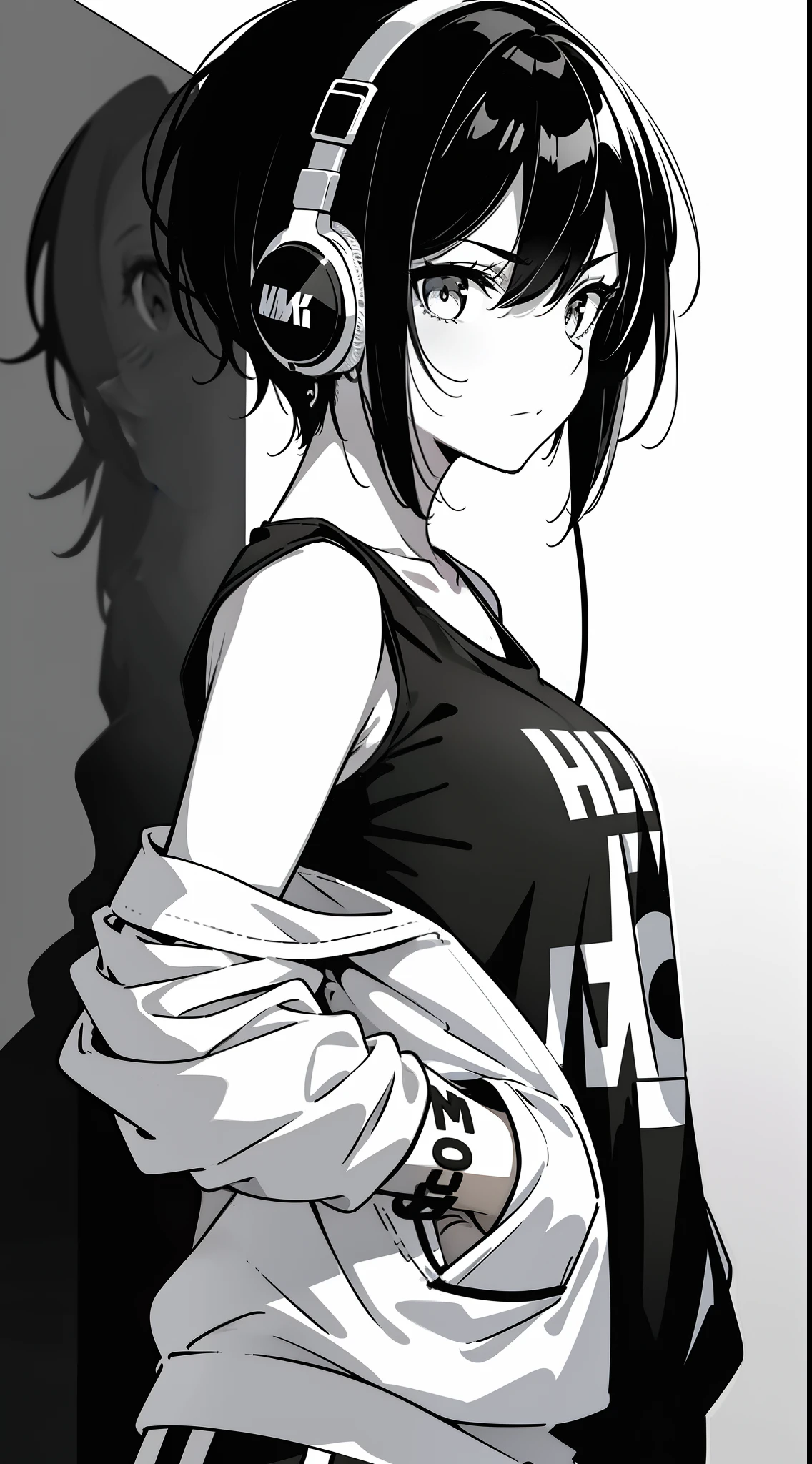 girl, side portrait, black and white, messy short hair, edgy accessories,sporty style, casual t-shirt, confident gaze, monochrome color scheme, looking to the side, chic street fashion, casual hands in pockets pose,head,((a person)),Over-ear headphones, large ear cups