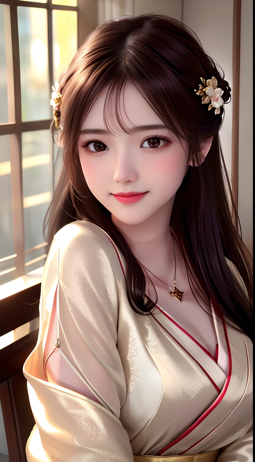 best quality, masterpiece, highres, 1girl,blush,(seductive smile:0.8),star-shaped pupils,china hanfu,hair ornament,necklace, jewelry,Beautiful face,upon_body, tyndall effect,photorealistic, dark studio, rim lighting, two tone lighting,(high detailed skin:1.2), 8k uhd, dslr, soft lighting, high quality, volumetric lighting, candid, Photograph, high resolution, 4k, 8k, Bokeh