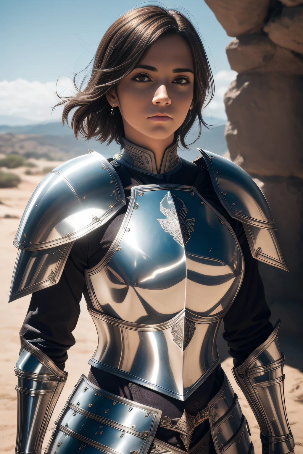 close up of a woman in armor poses for a photo on a dark background, retrato female rider, female rider, Portrait of medieval Female Paladin, female rider bonito, medieval rpg style, of a beautiful female knight, picture of female paladin, fantasy paladin woman,  in knight&#39;s armor,  of armor, female armor, female warrior,professional photography,(​masterpiece)(ultra realisitic),(Ultra Detailed),(best qualityer),(medieval woman :1.2),(ultra detaild),(blurred environment :1.5),(deep environment)