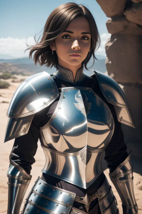 close up de Uma mulher em armadura posa para uma foto em um fundo escuro, retrato cavaleiro feminino, cavaleiro feminino, Retrat...