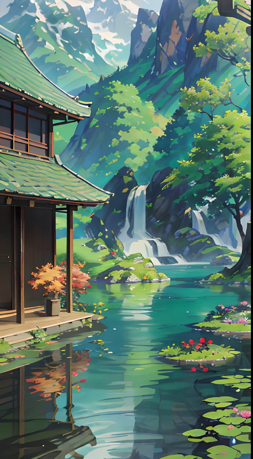 Chinese Antiquity、autumnal、jungles、lakes、waterfallr，The tree、grassy fields、Rochas、hot onsen、hydrosphere、Two old men looking at the view，Back shadow，（illustratio：1.0）、Epic composition、Realistic lighting、high definition detail、tmasterpiece、Best quality，（非常详细的 CG 统一 8k 壁纸）