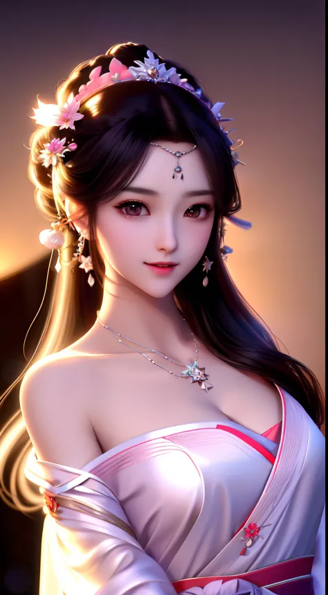 best quality, masterpiece, highres, 1girl,blush,(seductive smile:0.8),star-shaped pupils,china hanfu,hair ornament,necklace, jew...