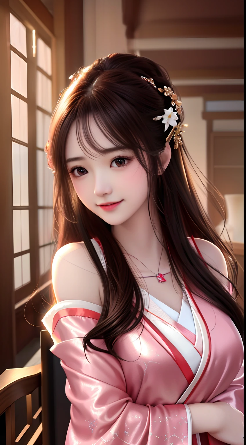 best quality, masterpiece, highres, 1girl,blush,(seductive smile:0.8),star-shaped pupils,china hanfu,hair ornament,necklace, jewelry,Beautiful face,upon_body, tyndall effect,photorealistic, dark studio, rim lighting, two tone lighting,(high detailed skin:1.2), 8k uhd, dslr, soft lighting, high quality, volumetric lighting, candid, Photograph, high resolution, 4k, 8k, Bokeh