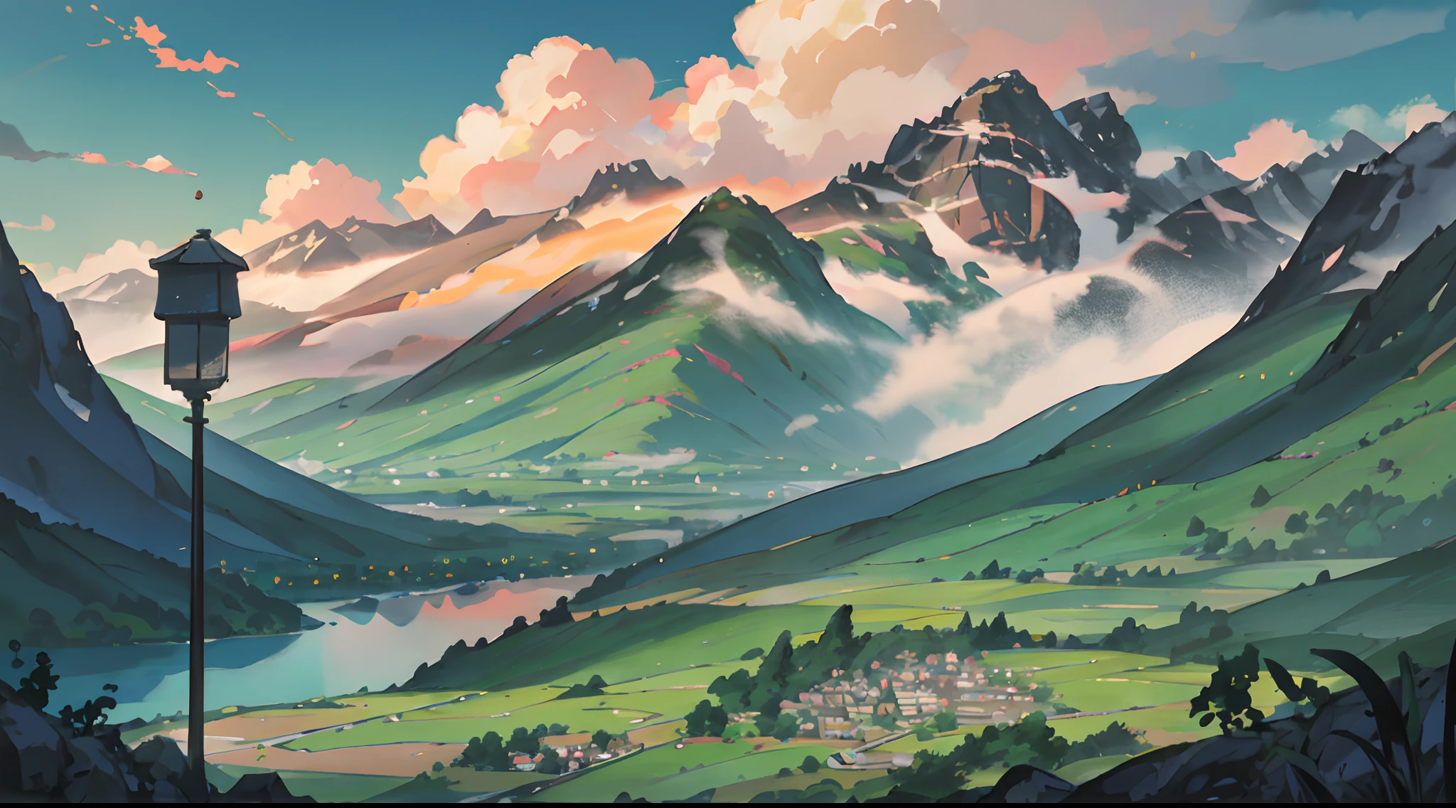 Anime landscape with a mountain and a lake in the foreground - SeaArt AI