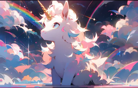 A unicorn，Surrounded by white clouds and rainbows，Stand elegantly on pink background，Pink
