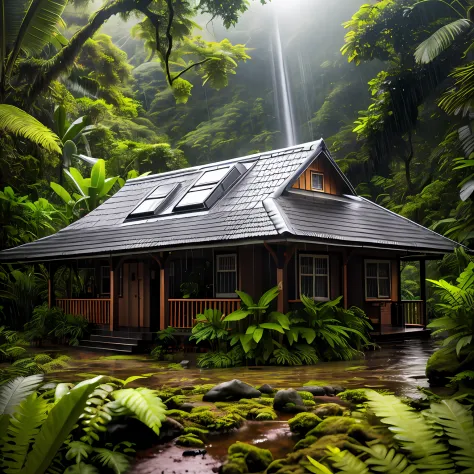 Lush little house, Costa Rica green rainforest，Heavy rain poured on the roof, Emphasize the contrast between the natural environment and the rainwater flowing from the roof, nature photography, Shoot with a macro lens (Nikon AF-S VR Mini Nikkor 105mm f/2.8...