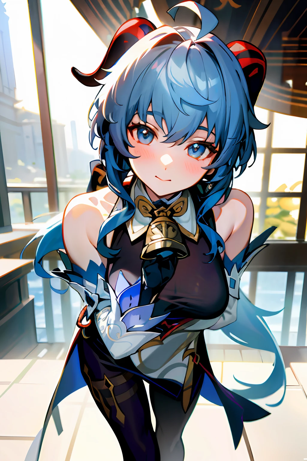 (photorealistic:1.4), (masterpiece, sidelighting, finely detailed beautiful eyes: 1.2), masterpiece*portrait, realistic, 3d face, 
ganyu \(genshin impact\), 1girl, ahoge, architecture, bangs, bare shoulders, bell, black gloves, black pantyhose, (blue hair), blush, breasts, chinese knot, detached sleeves, flower knot, gloves, horns, long hair, looking at viewer, medium breasts, neck bell