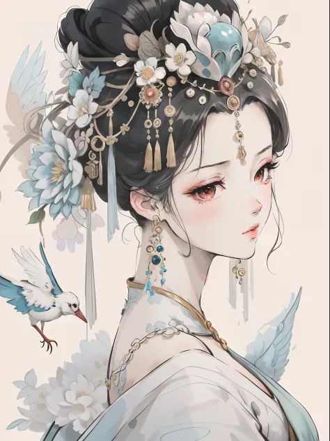 Close-up of a woman with a bird and a bird on her head, Palace ， A girl in Hanfu, Exquisite digital illustration, Beautiful char...