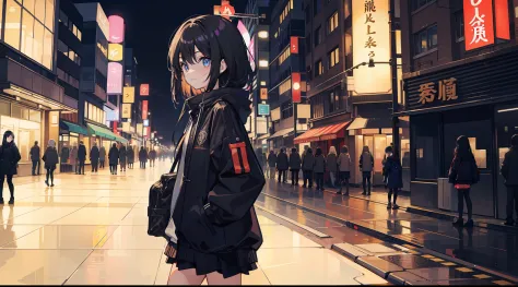 teens girl，wind coat，校服，black long straight hair，Put your hands in your pockets，black over-the-knee socks，Carrying a guitar bag，beautifullegs，White skin，Slim，Detailed background，Parallel perspective，A street full of people，Stand on the zebra crossing，Night...