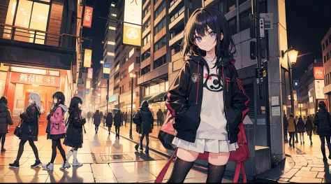 teens girl，wind coat，校服，black long straight hair，Put your hands in your pockets，black over-the-knee socks，Carrying a guitar bag，beautifullegs，White skin，Slim，Detailed background，Parallel perspective，A street full of people，Stand on the zebra crossing，Night...