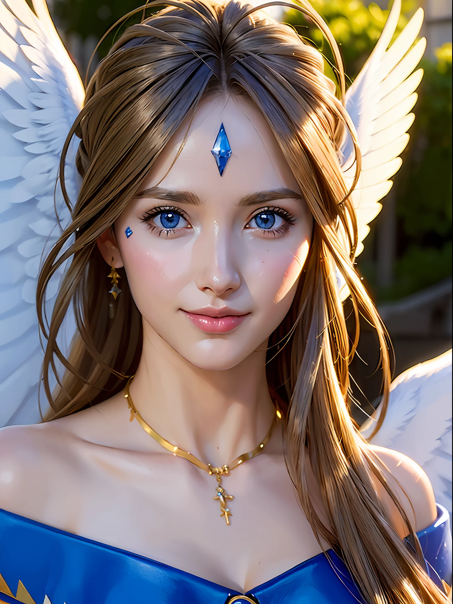 (masterpiece, best quality:1.4), (standing:1.2), (full body:1.2), (large breast), (breast focus), big angel wings, 1girl, solo, (european youth:1), (Belldandy, Belldandy_Blue_Dress), necklace, (Diamond symbols:0.8), looking at viewer, beautifull smile, beautiful face, highly detailed face, highly detailed eyes, highly detailed skin, skin pores, subsurface scattering, realistic pupils, full face blush, full lips, detailed background, depth of field, volumetric lighting, sharp focus, absurdres, realistic proportions, good anatomy, (realistic, hyperrealistic:1.4), 16k hdr,