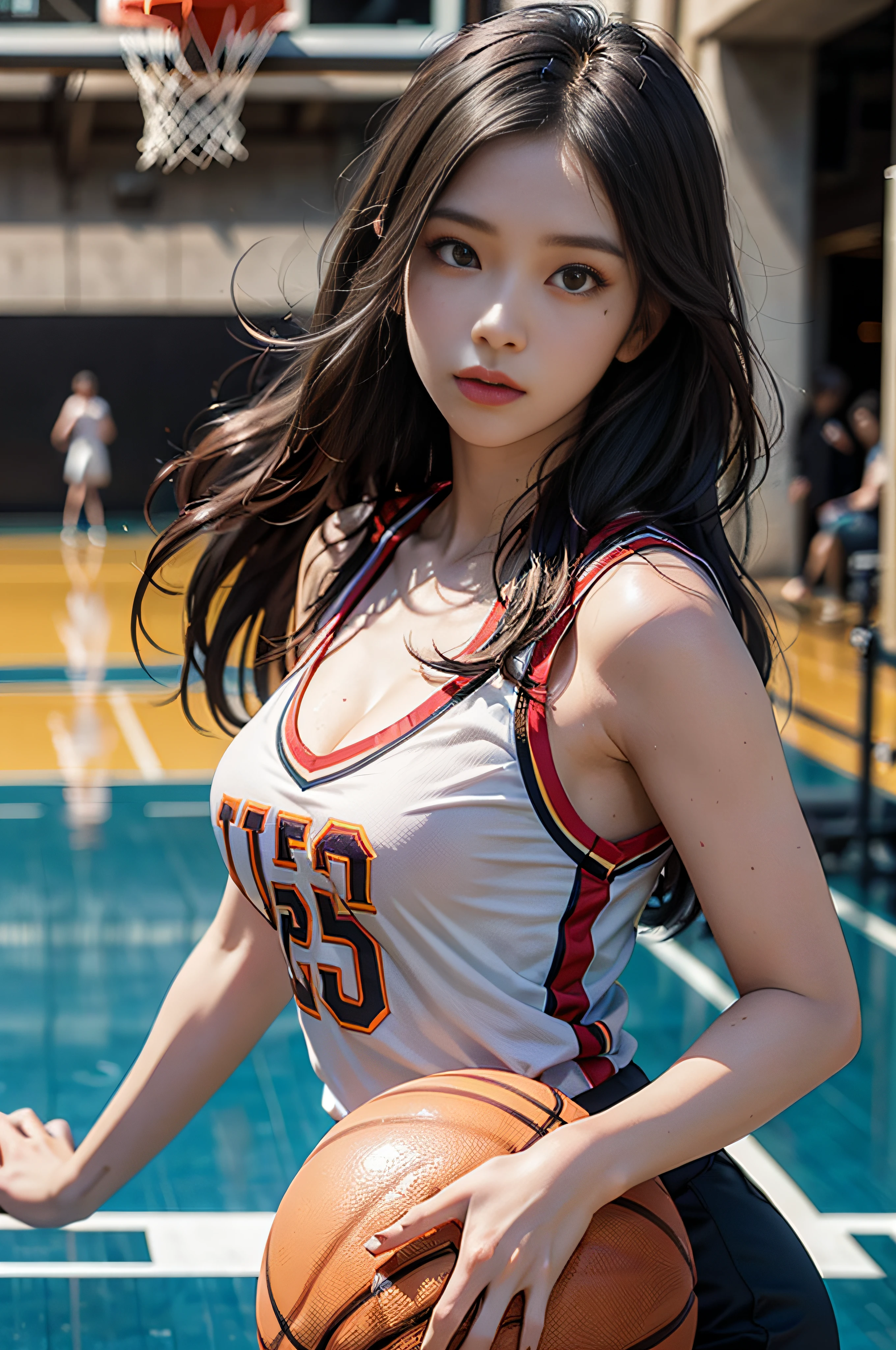 8k, Best Quality, Masterpiece: 1.2), (Realistic, Photorealistic: 1.37), Super Detailed, Best Quality, Super High Resolution, Professional Lighting, Photon Mapping, Radiosity, Physically Based Rendering, Cinematic Lighting , basketball court, depth of field, focus, sun rays, good composition, (bokeh: 1.2), 1 girl, (whole body), (closed mouth), beautiful eyes, pose, constriction, basketball uniform, black hair , messy hair, long hair blowing in the wind,(ulzzang-6500:1.2) mix4, hiqcgbody, large breasts, a littel sexy outfits