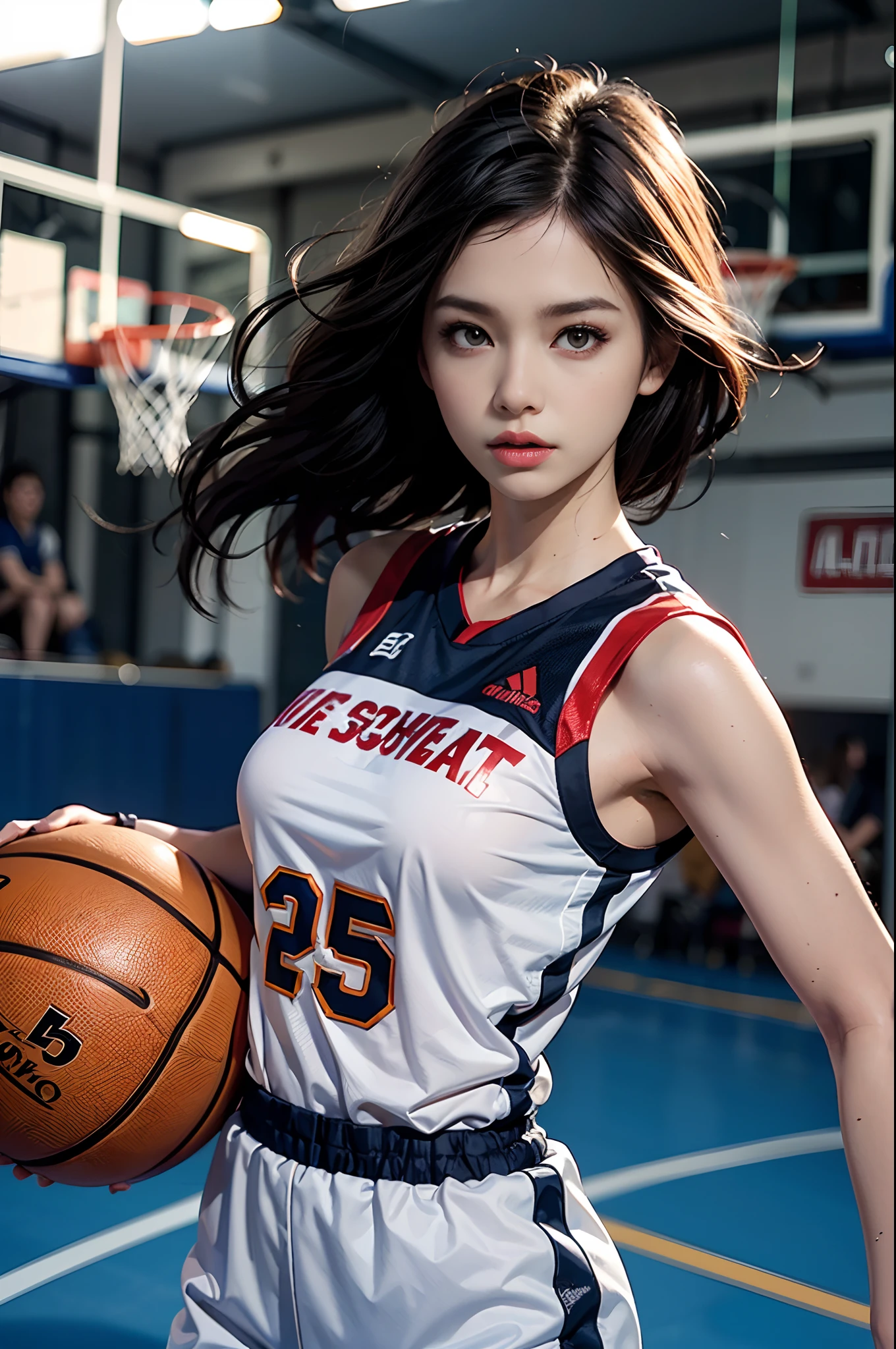 8k, Best Quality, Masterpiece: 1.2), (Realistic, Photorealistic: 1.37), Super Detailed, Best Quality, Super High Resolution, Professional Lighting, Photon Mapping, Radiosity, Physically Based Rendering, Cinematic Lighting , basketball court, depth of field, focus, sun rays, good composition, (bokeh: 1.2), 1 girl, (whole body), (closed mouth), beautiful eyes, pose, constriction, basketball uniform, black hair , messy hair, long hair blowing in the wind,(ulzzang-6500:1.2) mix4, hiqcgbody, large breasts, a littel sexy outfits