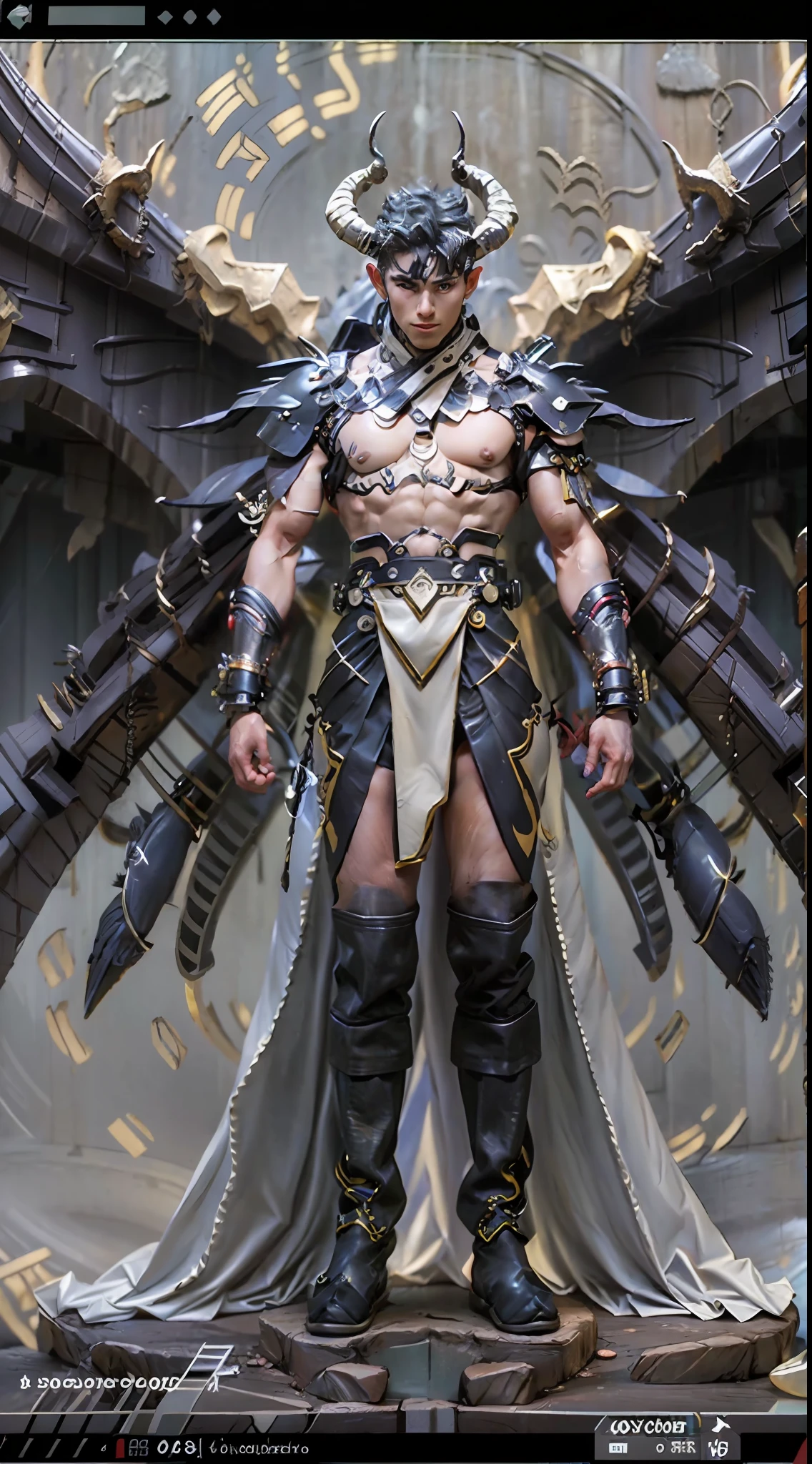 Model design，Tide play blind box，3D naked boy,GK, The whole body of the character，base，Wu Shixun，Raised sexy，coda，Long horns on the head，Transparent wings，Handsome cybernetic boy looking at camera lingerie detailed muscular reality masterpiece，musculous