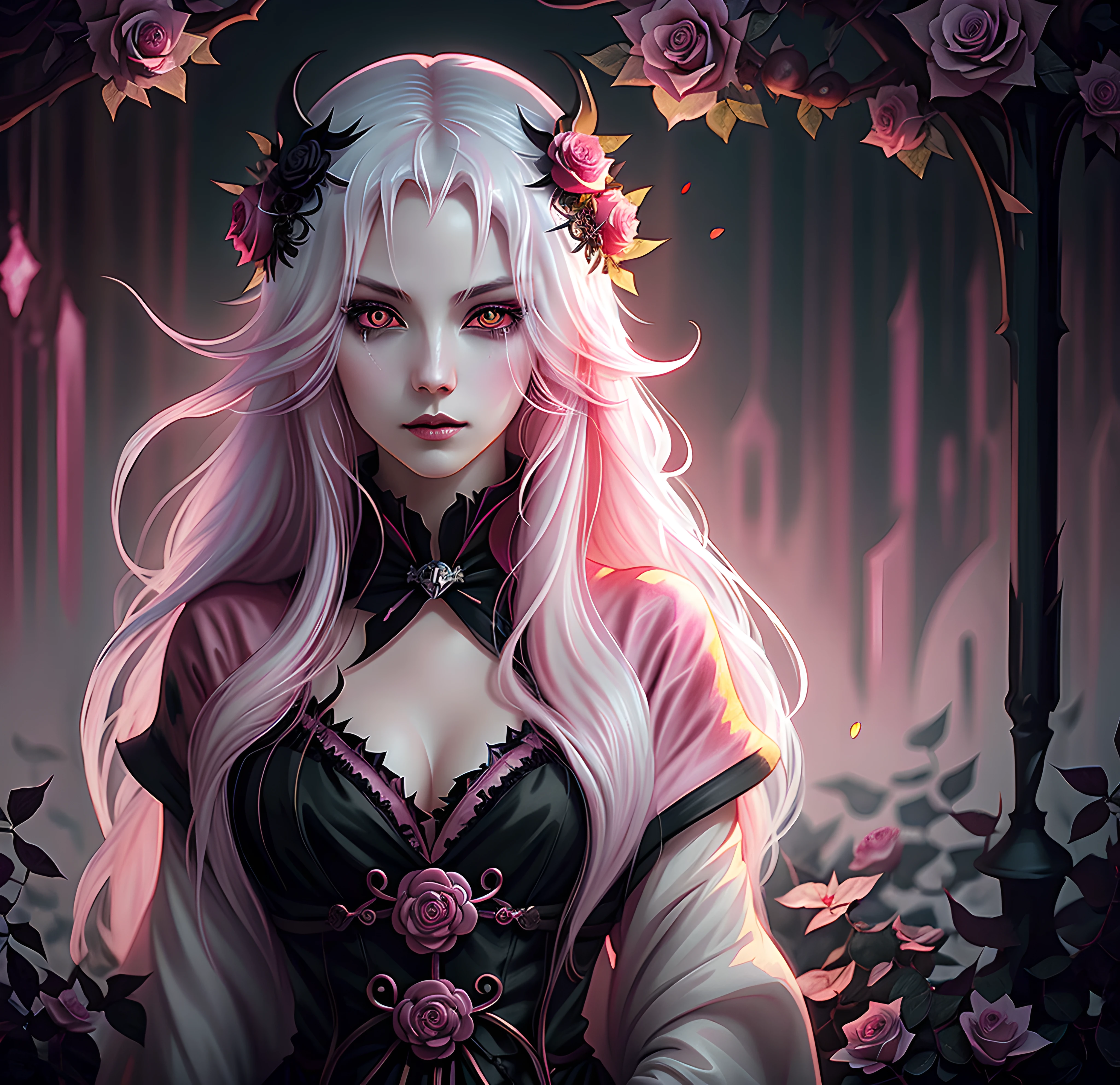 anime Vampire witch girl, long white hair, gothic style, roses in hair,dark black eyelashes ,glowing pink eyes, digital illustration, comic style, gothic renaissance, centered, approaching perfection, dynamic, highly detailed, watercolor painting, artstation, concept art, smooth, sharp focus, illustration, art by wlop and ross tran, pink and red tetradic colors