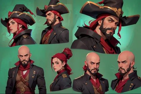 of a guy，a pirate，Beard，bald-headed，Pirate hat，robe，Hands with iron hooks，Muskets，Fierce expression，solo person，full bodyesbian，...