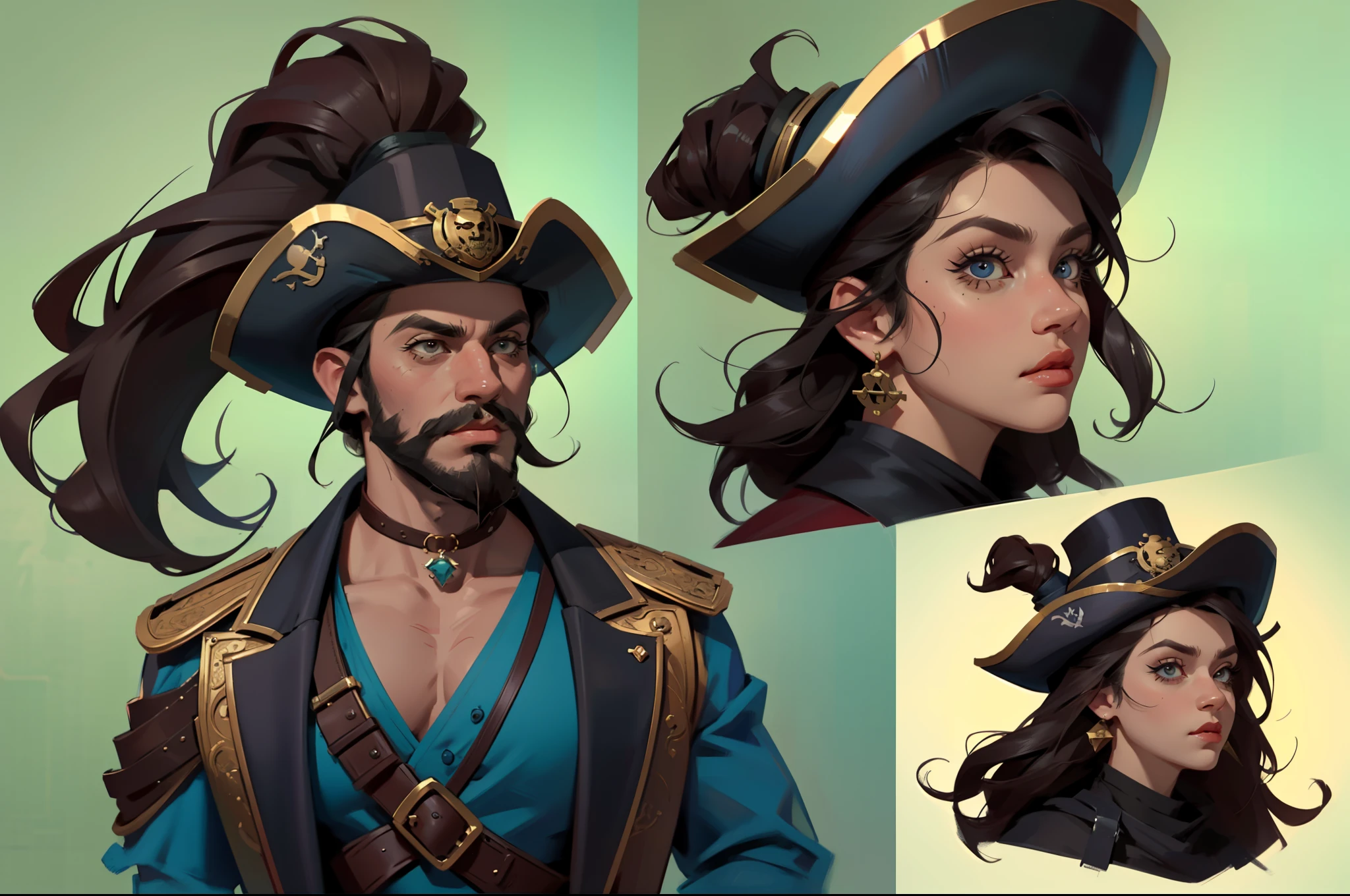 of a guy，a pirate，Beard，bald-headed，Pirate hat，robe，Hands with iron hooks，Muskets，Fierce expression，solo person，full bodyesbian，without background，gaming character，Game concept design，(extremly intricate:1.2),((three sided view,full bodyesbian,Simple background,multiple views,A high resolution))，（CharacterDesignSheet,Same role,frontage,Lateral face,on  back)，Different perspectives of the same character wearing the same outfit，（simplebackground，white backgrounid：1.3），