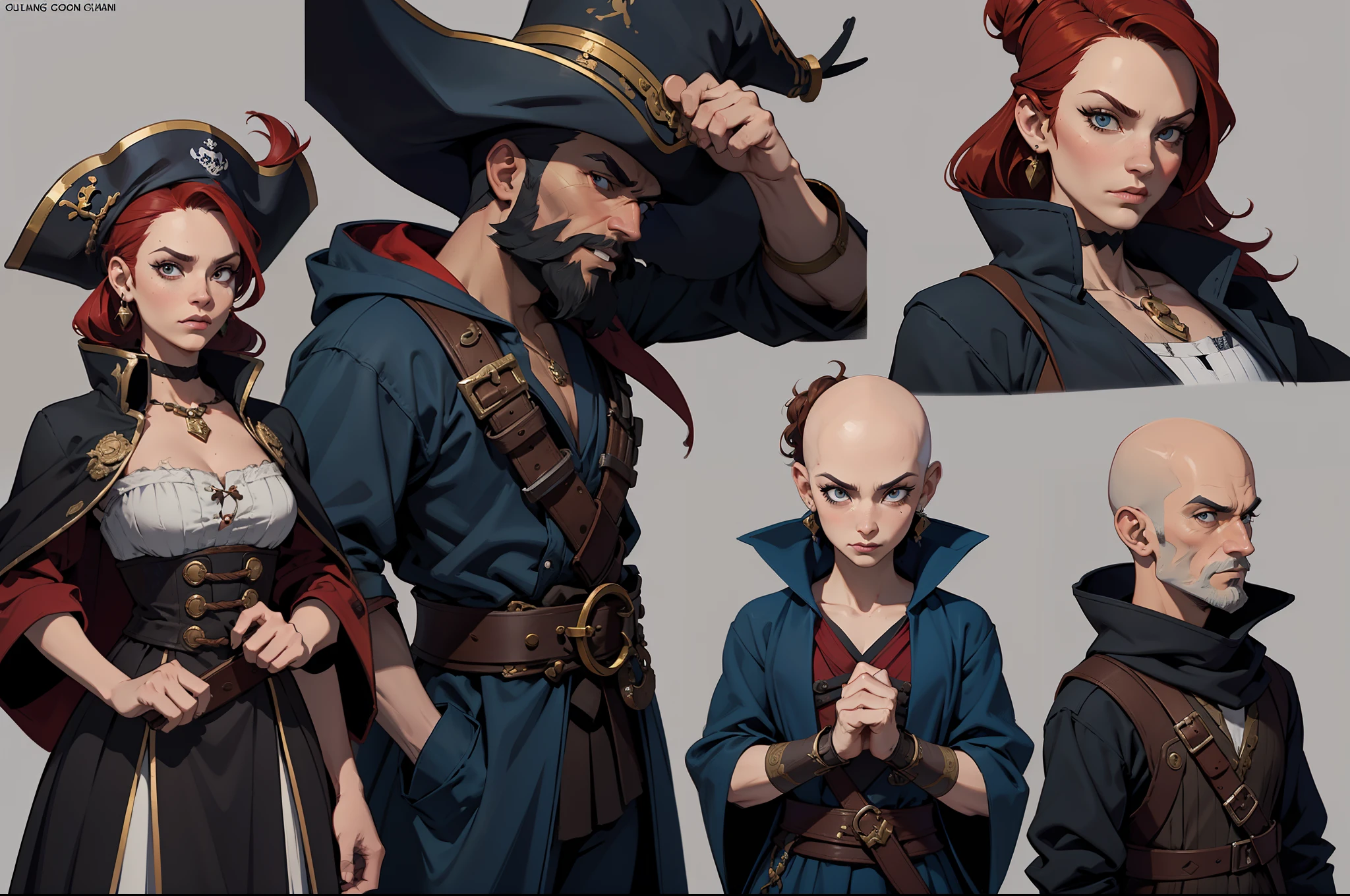 of a guy，a pirate，Beard，bald-headed，Pirate hat，robe，Hands with iron hooks，Muskets，Fierce expression，solo person，full bodyesbian，without background，gaming character，Game concept design，(extremly intricate:1.2),((three sided view,full bodyesbian,Simple background,multiple views,A high resolution))，（CharacterDesignSheet,Same role,frontage,Lateral face,on  back)，Different perspectives of the same character wearing the same outfit，（simplebackground，white backgrounid：1.3），