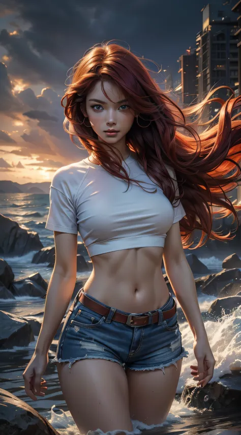 ((Best Quality)), ((Masterpiece)), (Detailed: 1.4), 8k, 1girl, blue eyes, red hair, very long hair, silky hair, big chest, slim waist, big body, defined body, thick thigh, well defined thigh. Wearing ripped micro shorts, babylook t-shirt. A concentration p...
